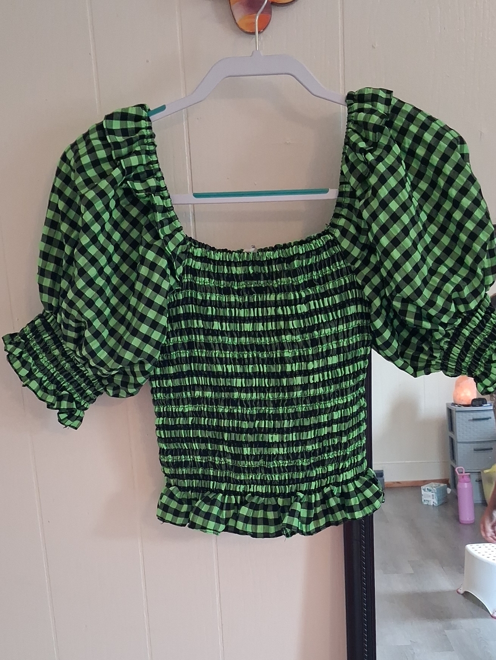 Zara Lime Green and Black Gingham Smocked Puff Sleeve Ruffle Crop Top NWOT